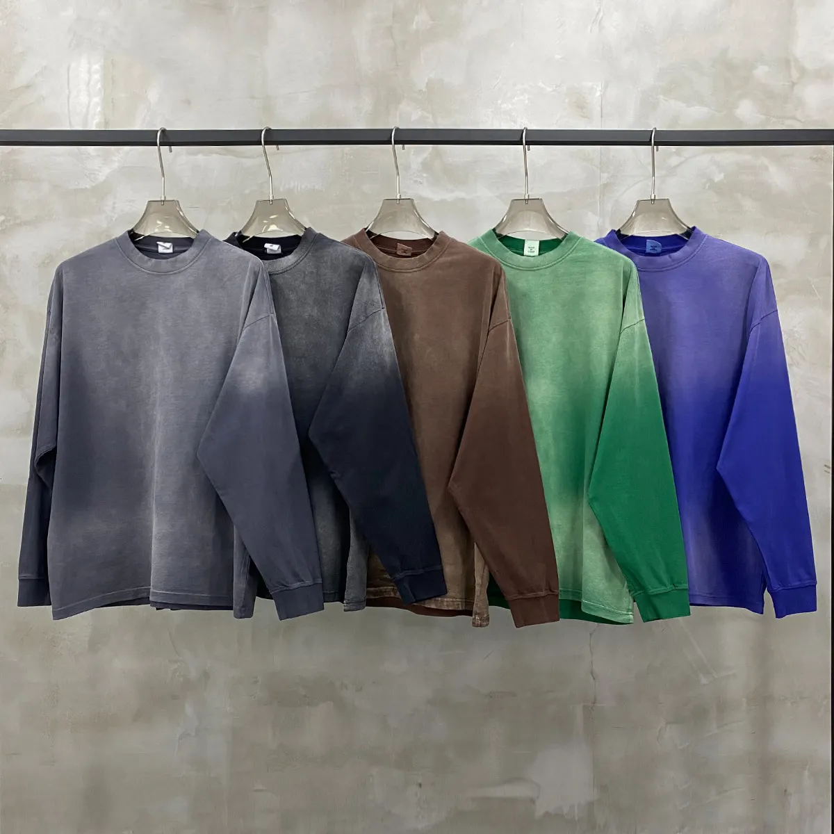 Heavy Weight 260G Custom Printing Tie Dye Streetwear Men's Clothing Acid Washed Vintage Long Sleeve T Shirt for Men
