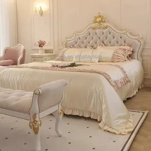 Classical carved royal gold leaf Bedroom Furniture Italy Style King Size Double Upholstered Princess Bed