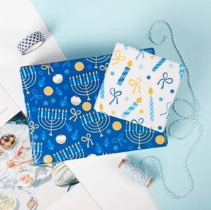 Custom Hanukkah Menorah Gift <b>Wrap</b> Craft <b>Paper</b> <b>Roll</b> Blue White Double Sided Coated Recyclable Art <b>Paper</b> 100GSM Eco-Friendly - Product Image 1