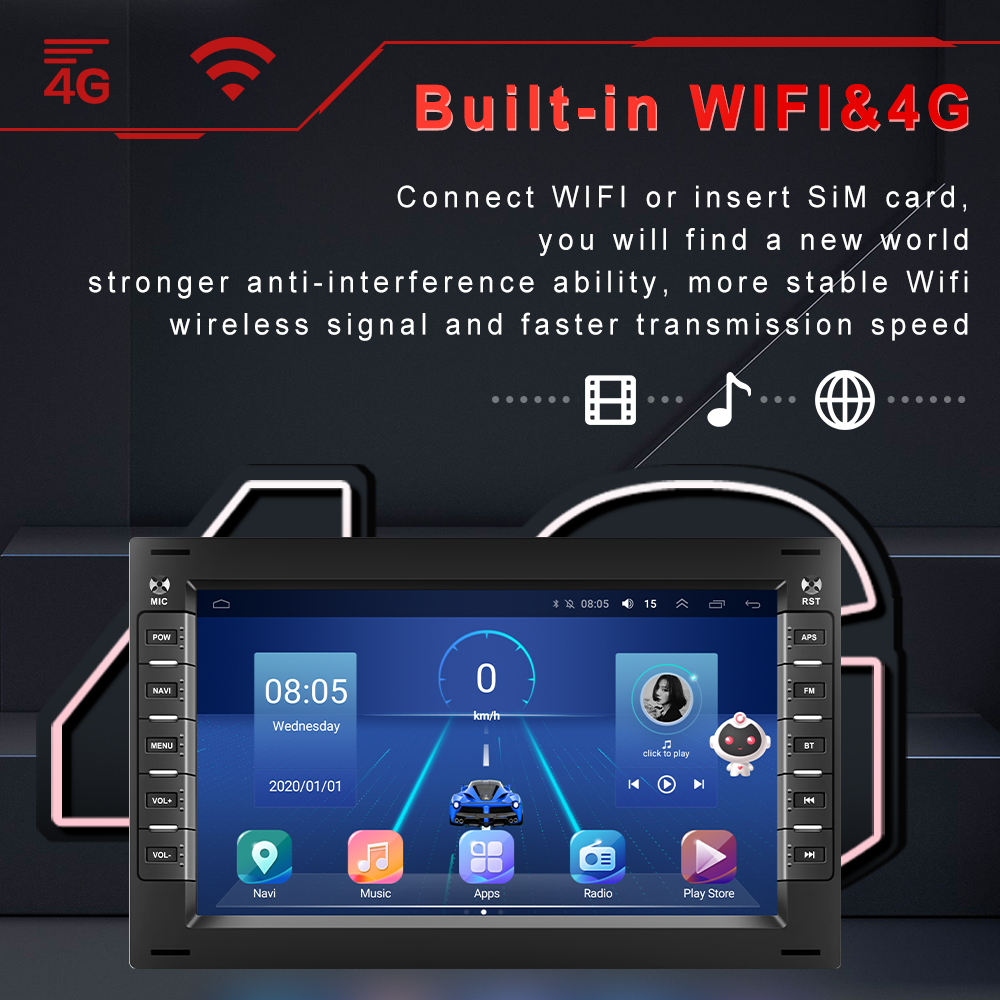 Podofo 2 Din Android 10 Car Radio 7 Inch 8+128GB QLED Touch Screen Carplay Android Auto Hi-Res GPS WiFi 4G RDS FM For VW/BORA