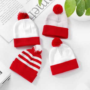 Christmas Knitted Hat Red White Color Block Pom Pom Warm Windproof Winter Hat - Product Image 1