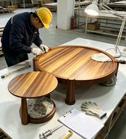Ensemble de tables basses gigognes rondes avec plateau en bambou, pieds en bois massif et pierre, mobilier moderne pour hôtel, appartement, projet de vente en gros