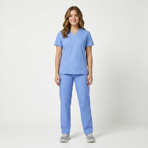 Ensemble de blouses médicales légères unisexe à manches courtes, col en V, coupe classique, couleur unie, avec poches, pour hôpital, en tissu peigné - Product Image 1