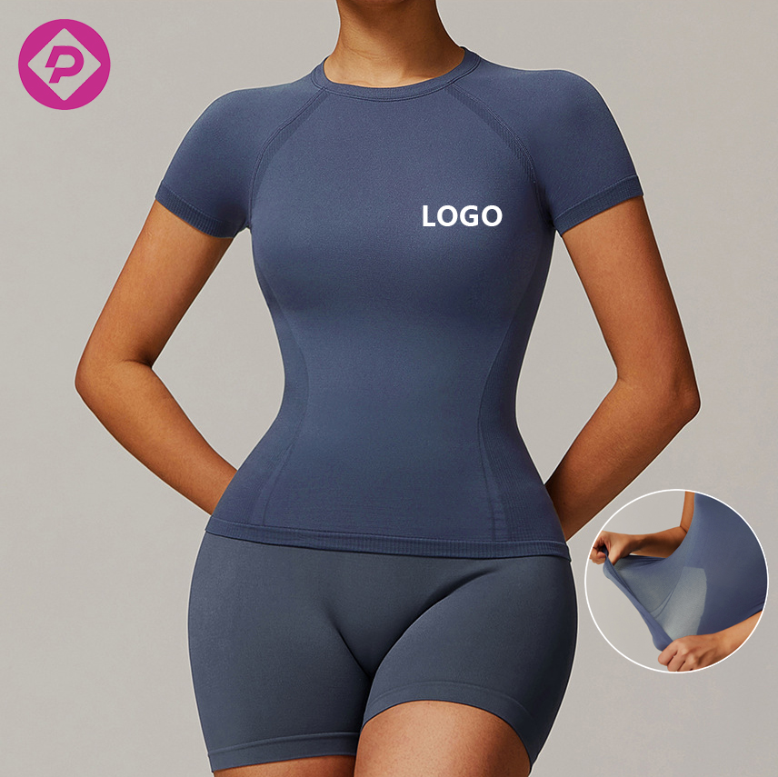 Custom Breathable Washed Gym Running Tank Top Seamless Short Sleeved Tshirt Fitness Sport Bra Yoga Activewear Women Workout