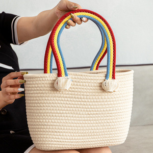 Cotton Woven Tote <b>Bag</b> Oval Shape <b>Rainbow</b> Handle Tassel Bohemian Style Women's Beach <b>Bag</b> Summer 2022 - Product Image 2