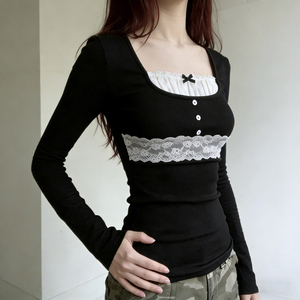 Camiseta Vintage Y2K de Encaje para Mujer, Corte Regular, Cuello Cuadrado, Manga Larga, Tejido Elástico, Casual, Favorecedora, Transpirable y Ecológica - Product Image 3