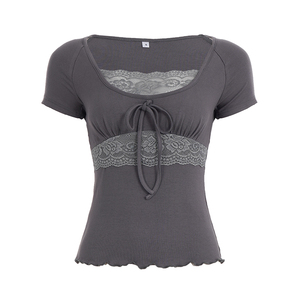 Mesh Lace <b>Patchwork</b> T Shirt Women Short Sleeve Slim Fit Y2K Vintage Casual Summer <b>Top</b> - Product Image 6