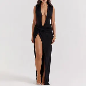 कस्टम ब्लैक डुबकी मैक्सी ड्रेस बोल्ड स्टेटमेंट महिला महिला सुंदर पोशाक 2023