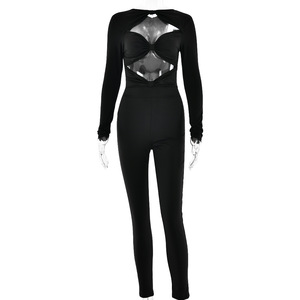 Combinaison moulante à manches longues plissée et ajourée pour femme, en tricot extensible rose rouge, idéale pour le printemps et l'été - Product Image 5