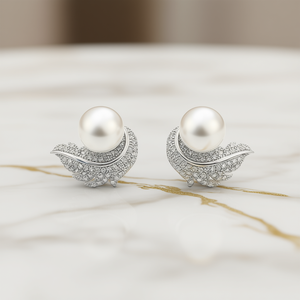 E4152 Pendientes de perlas con diseño de plumas de plata 925 con microincrustaciones, joyería clásica de boda para mujer - Product Image 2