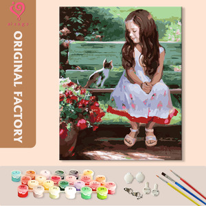 DIY Paint by Numbers Girl and Cat on Garden Bench Frameless <b>Framed</b> Scroll Available Warm Healing Home Wall Decor Oil Painting - Product Image 1