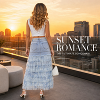 Jupe longue maxi en denim et résille style bohème pour femme - Jupes longues en tulle à volants avec ceinture tressée - Imprimé aquarelle élégant