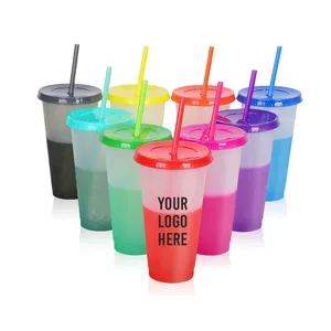 Gobelets froids réutilisables en plastique de 24oz tasses à couleur changeante avec couvercles et pailles