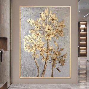 Peinture à l'huile peinte à la main, fleurs abstraites, texture 3D, cadre métallique, art mural pour entrée, salon, décoration moderne de luxe léger - Product Image 1