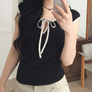 Camiseta de Mujer con Estampado de Lunares, Corte Entallado, Cordones, Manga Corta, Estilo Vintage Francés, Informal - Product Image 4