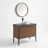 Miroir de salle de bain Turio Roma au design moderne, meubles de salle de bain avec comptoir en travertin, armoire en contreplaqué à grain de bois naturel, panneau en mélamine