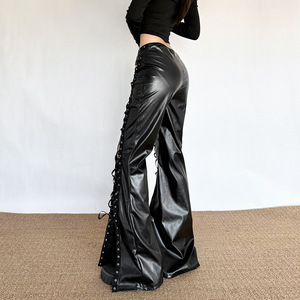 Viviblook Z1230PT01 Women Casual <b>Pants</b> Sexy Laced Pu Leather <b>Pants</b> - Product Image 4