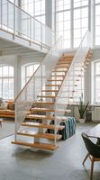 Systèmes d'escaliers intérieurs en acier et bois à installation facile DIY, avec profilé en U, double poutre et garde-corps en verre