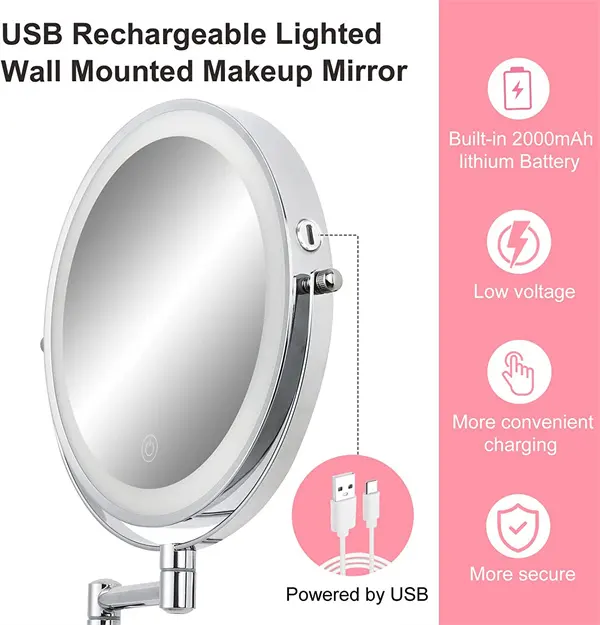 Miroirs de vanité 1x 10X à Rotation de 360 degrés, Double face éclairés par Led