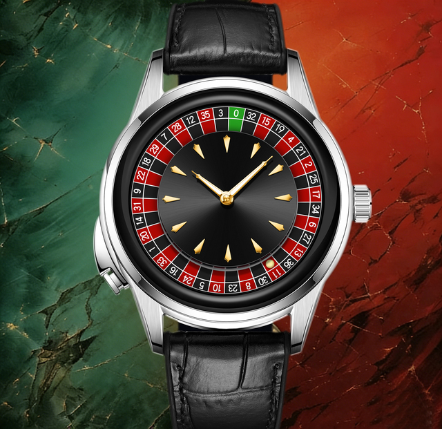 Luxurious Daily Luxury Casino Watch with Sapphire Crystal Roulette Wheel Dial Hollow Design Rubber & Leather Band