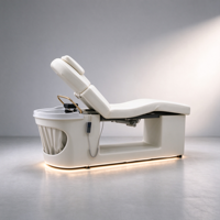 Lit de shampoing électrique en cuir PU blanc ivoire, inclinable, avec fonction vapeur, pour thérapie capillaire et massage, avec base LED, pour salon de coiffure, spa