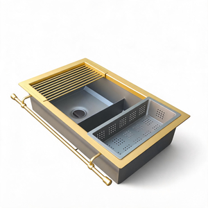 <span class=keywords><strong>Lavello</strong></span> da Lavoro a Doppia Vasca in Acciaio Inossidabile Calibro 14, Design Italiano Fatto a Mano, con Bordo in Ottone Calibro 12 e Frontale a Grembiule a Basso Profilo - Product Image 3
