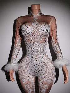 Tutine aderenti Sexy con motivo in <span class=keywords><strong>pizzo</strong></span> bianco Costume da ballo <span class=keywords><strong>tuta</strong></span> da donna Costume intero <span class=keywords><strong>tuta</strong></span> da donna festa del Club festa in strass - Product Image 5