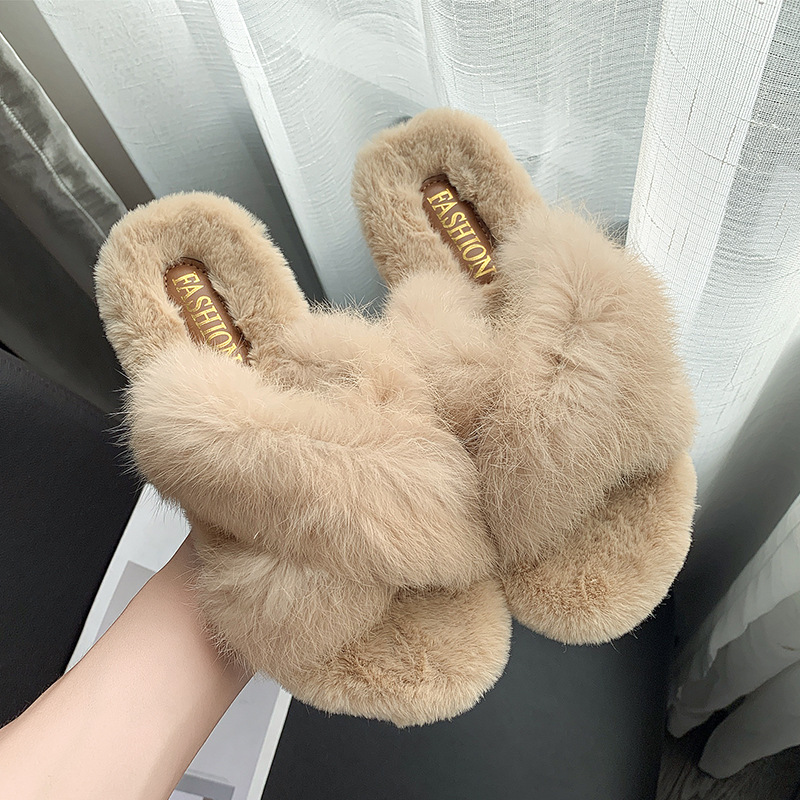 Winter Warm Faux Fur Shoes Fluffy Plush Fuzzy Indoor Home Slippers For Women