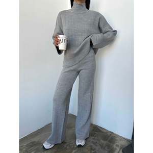 Mybeefashion Women's Half Turtleneck Wool Blend Knit <b>Sweater</b> and Elastic Waist Pants Two-Piece <b>Set</b> in Gray for Autumn Winter - Product Image 1