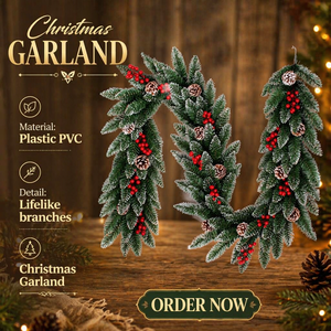 Guirnalda Navideña Artificial de PVC con Piñas, Bayas Rojas y Ramas de Pino Nevadas, Decoración Navideña, Corona de Navidad - Product Image 1