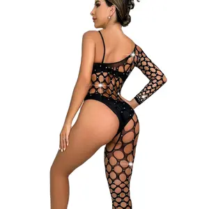 Wholesale Handmade Women's One Sleeve Leg Rhinestone Fishnet Bodystocking Sexy Diamonds Dancewear Underwear