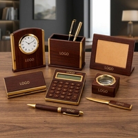 Set Meja Kantor Kayu dengan Jam, Tempat Pena, Kalkulator, Warna Coklat Emas