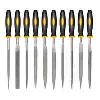 Kit de 10 petits limes en acier assorties, à manche plastique bicolore, à dents moyennes, de forme plate, pour finition, avec pochette suspendue