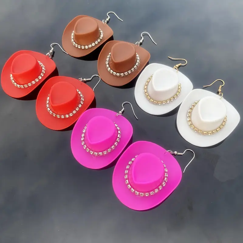 ZheHu Accessories New Shiny Rhinestone Pink Cowboy Hat Earrings Women Western Cowboy Tribal Style Earrings