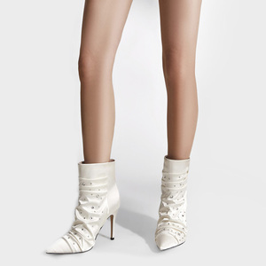 Wedding Styles Women Stiletto Thin Heels Short <b>Boots</b> Big Size 46 Shiny Rhinestones Silk Shoes Wide Fit Ankle White Booties - Product Image 6