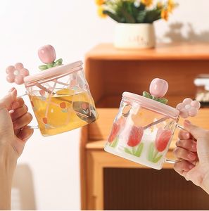 Tazza da caffè in vetro <span class=keywords><strong>tulipano</strong></span> rosa tazza resistente al calore per la colazione latte tazza da tè con coperchio in ceramica cucchiaio in acciaio inossidabile - Product Image 6