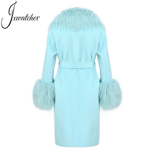 Gabardina Larga de Lujo para <span class=keywords><strong>Mujer</strong></span>, con Doble Abotonadura, Cuello de Piel Auténtica de Cordero Mongol, Transpirable, de Doble Cara, para Invierno, Venta al por Mayor - Product Image 2