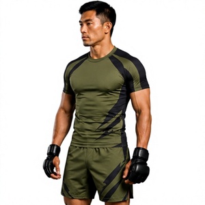 Conjunto de Camiseta y Pantalones Cortos de Spandex y Poliéster Verde Oliva con Detalles Negros para BJJ y Deportes Mixtos (MMA) - ¡Gran Venta! - Product Image 1
