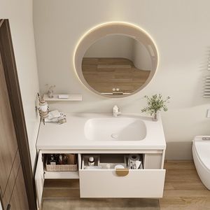 Cream White Wall-Mounted Bathroom <b>Vanity</b> with Round <b>LED</b> Smart Mirror Soft-Close Storage Drawers - Product Image 3