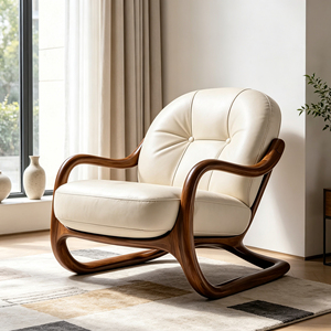 Fauteuil <span class=keywords><strong>de</strong></span> loisirs Loop Sled Base avec structure en bois massif et accoudoirs courbes, coussin en cuir crème capitonné <span class=keywords><strong>pour</strong></span> coin <span class=keywords><strong>de</strong></span> fenêtre <span class=keywords><strong>de</strong></span> style Mid-Century - Product Image 2