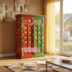 Armario de madera de mango indio Rajasthani pintado a mano, mueble para dormitorio, sala de estar, almirah artesanal para hotel o casa de campo - Product Image 5