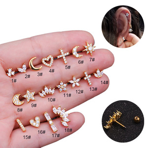 YW Venta al por Mayor, Pendientes de Cartílago de Acero Inoxidable con Baño de Oro de 14K y Zirconia, Diseño de Estrella Plana, para Tragus y Hélix, Regalo para Niños - Product Image 2
