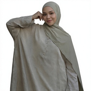Vêtements islamiques Fashionista Dubaï en lin uni respirant, coupe droite, longueur cheville, manches longues, haut court, modeste et traditionnel - Product Image 4