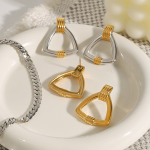 Geometric <b>Stud</b> <b>Earrings</b> 18k Gold Stainless Steel Ribbed Design Party Fashion Jewelry - Product Image 2