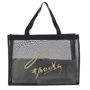 New Arrival Stylish Black Nylon Polyester Dot Drawstring Beach Tote Bag Screen Printing Custom Carton Woven Logo Shopping Mesh