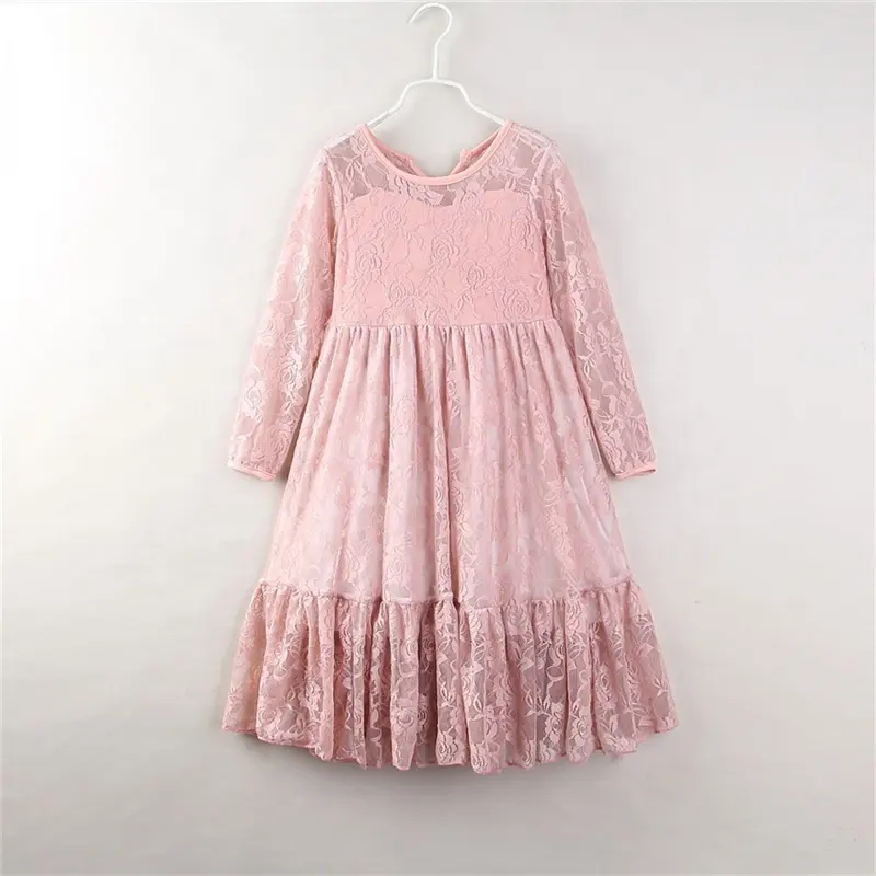 2022 Fashion A-Line Big Children Baby Night Ball Gown Bow Hollowed Out Lace Rose Long Sleeve Girls Dress For Kids 2-10