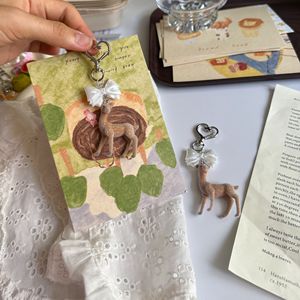 Flocked <b>Mini</b> Deer Bag Charm With White Satin Bow Heart Shaped Silver Vintage Forest Animal Keychain <b>Backpack</b> Accessory - Product Image 5