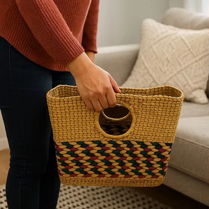 Bolso tote bohemio de paja con diseño de paneles coloridos, parte superior abierta, para compras, para todas las estaciones, bolso de mano para mujer - Product Image 1