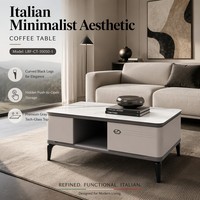 Table basse de salon moderne en bois élégant, style italien, avec pieds courbes fins, finition gris mat, tiroir à ouverture par pression et panneau en verre technologique, pour vente en gros