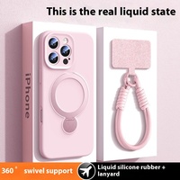 Nouvelle coque de téléphone en silicone liquide à trou fin avec support magnétique rotatif et cordon pour iPhone 16 Apple 13 avec cordon